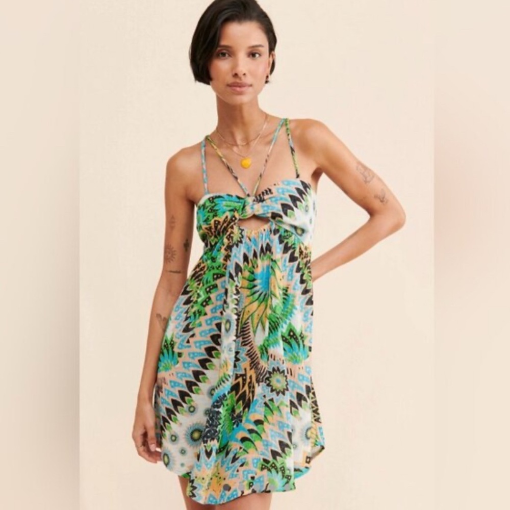 Anthropologie Multicolor Green Blue Patterned Spaghetti-Strap Tank Dress